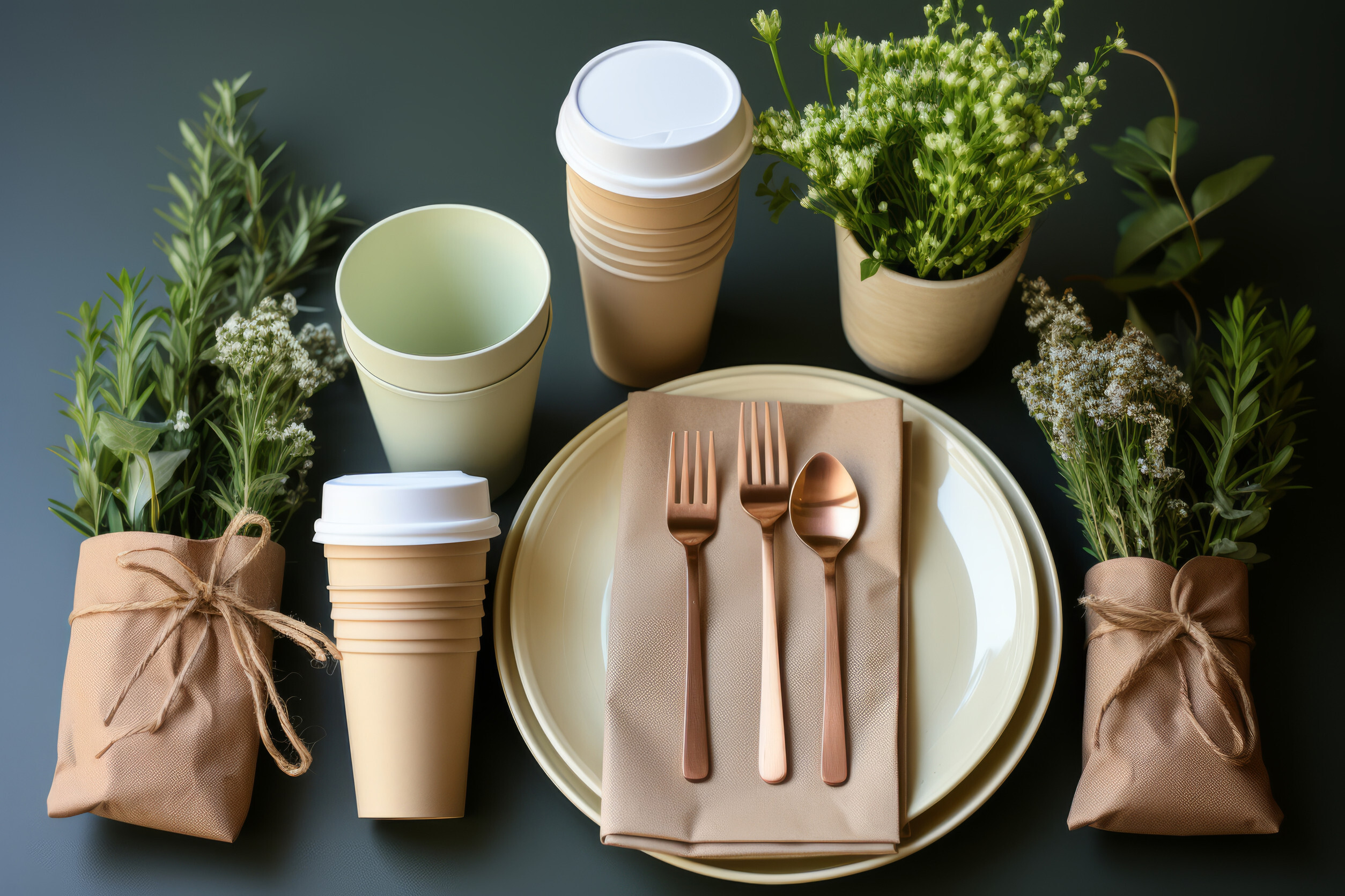 Variety of biodegradable takeout containers including clamshell boxes and kraft paper boxes in a rustic kitchen setting